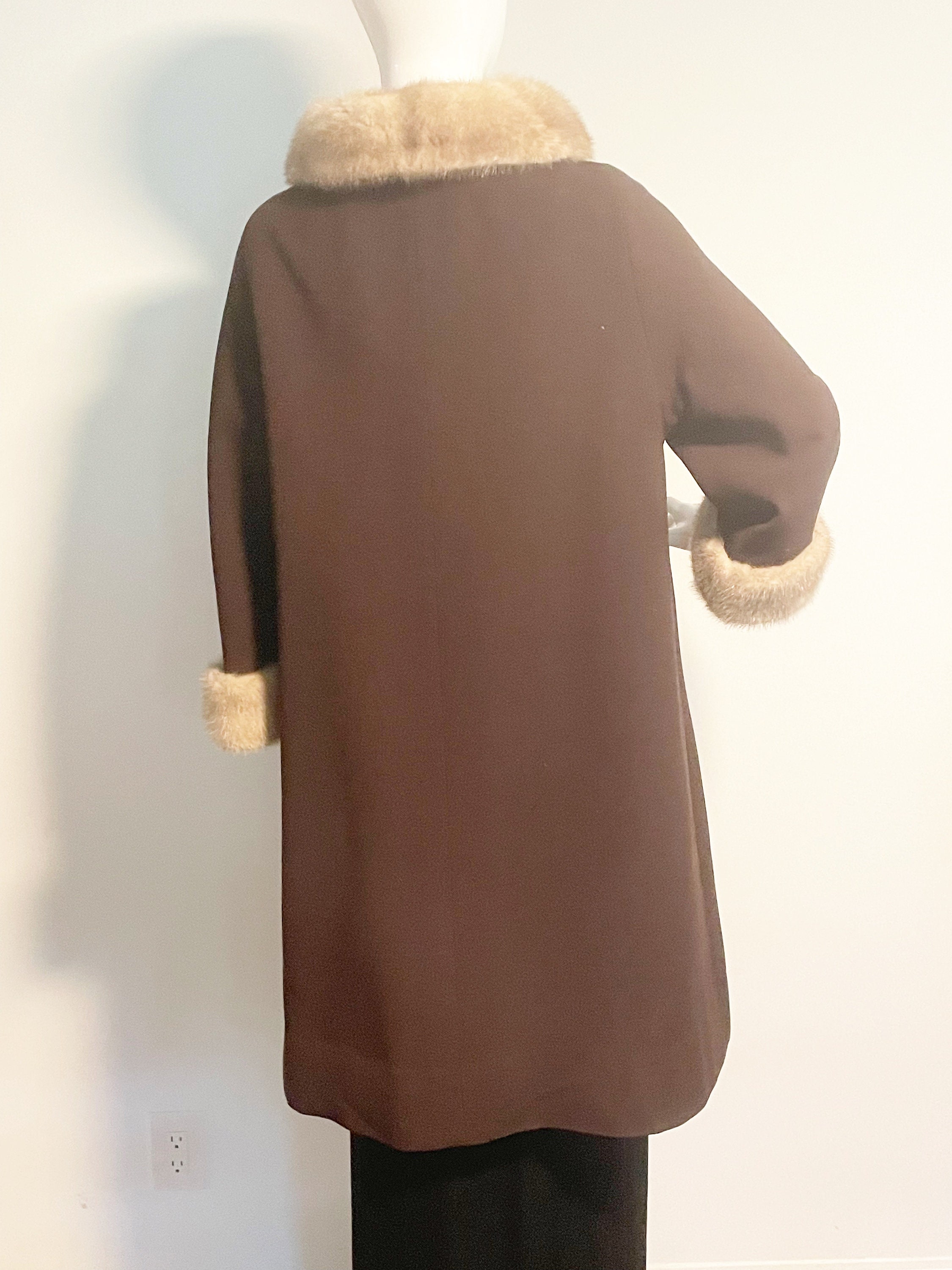 Vintage Wool Swing Coat, Brown Wool Coat, Mink Trimmed Coat