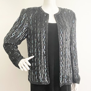 Vintage Adrianna Papell Evening beaded sequin jacket, black silk jacket, beaded evening blazer