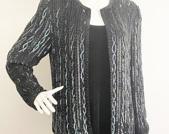 Chaqueta de noche vintage de Adrianna Papell con lentejuelas y cuentas, chaqueta de seda negra, blazer de noche con cuentas