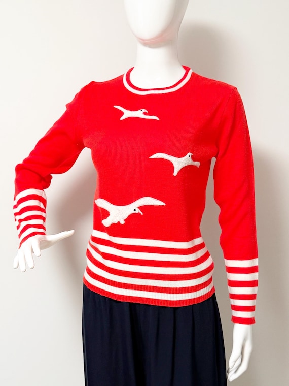Vintage red white pullover sweater, seagull sweater, embellished sweater, lightweight sweater