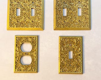 Vintage set of ornate switch plates, outlet cover, gold filigree metal switch plate, maximalist switch plate, outlet cover
