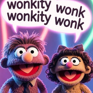 Puede incluir: Dos personajes de marionetas con ojos grandes y bocas abiertas, uno con corbata. Un bocadillo encima de ellos dice "wonkity wonk wonkity wonk". El fondo presenta líneas de color neón.