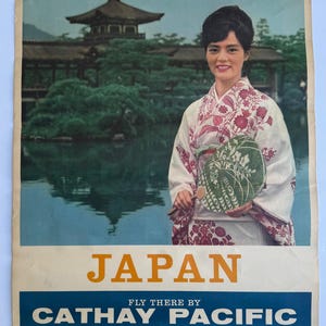 Big VINTAGE 1960 Cathay Pacific Airways Japan TRAVEL POSTER Original Airline Promotional Display Hong Kong See The Orient & Description!