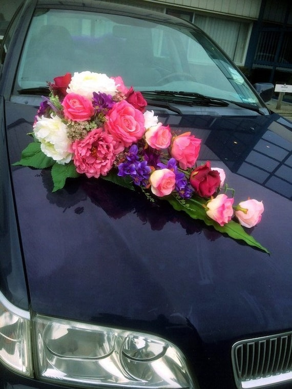 Decorazione per auto da sposa, coppia di rose, decorazione per auto, matrimonio, decorazione per auto, matrimonio, in tulle, con rose artificiali, decorazione per auto, matrimonio, colore rosso