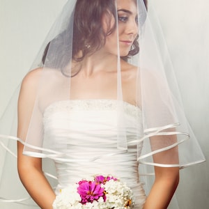 Amy Cascade Center Gathered Fingertop Bridal Veil Satin Edge