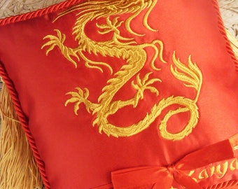 Chinese Golden Dragon Embroidered Wedding Ring Bearer Pillow