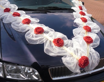 Pleated Organza Ribbons With Silk Roses Wedding Car Decoration