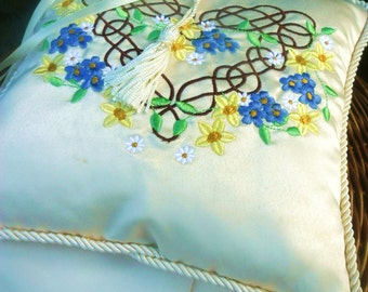 Celtic Meadow Ringbearer Pillow: Embroidered with Heart Knot & Meadow Flowers