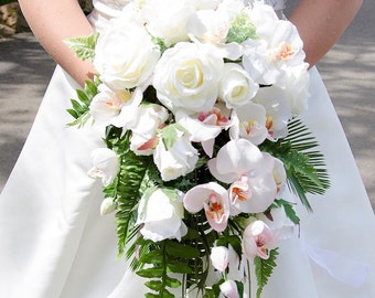 Bridal Waterfall Bouqeut of Roses, Orchids, Ferns. Bridal Bouquet For Your Wedding. Bridal Bouquet Off Silk Flowers. Bouquet For The Bride