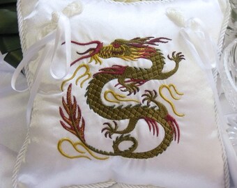 Green Chinese Dragon Embroidered Ring Bearer Pillow