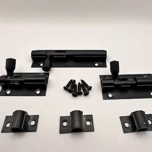 May include: A set of black metal barrel bolts and strike plates with matching screws. The bolts have a lever handle and are designed for secure door or gate closures. The hardware is shown on a white background.