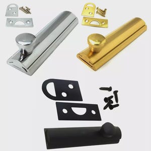 May include: Hardware set with polished chrome, brass, and black finishes. Each set includes a sliding bolt, mounting plates, and screws. The bolts have a rounded knob for easy operation. Suitable for doors and cabinets.