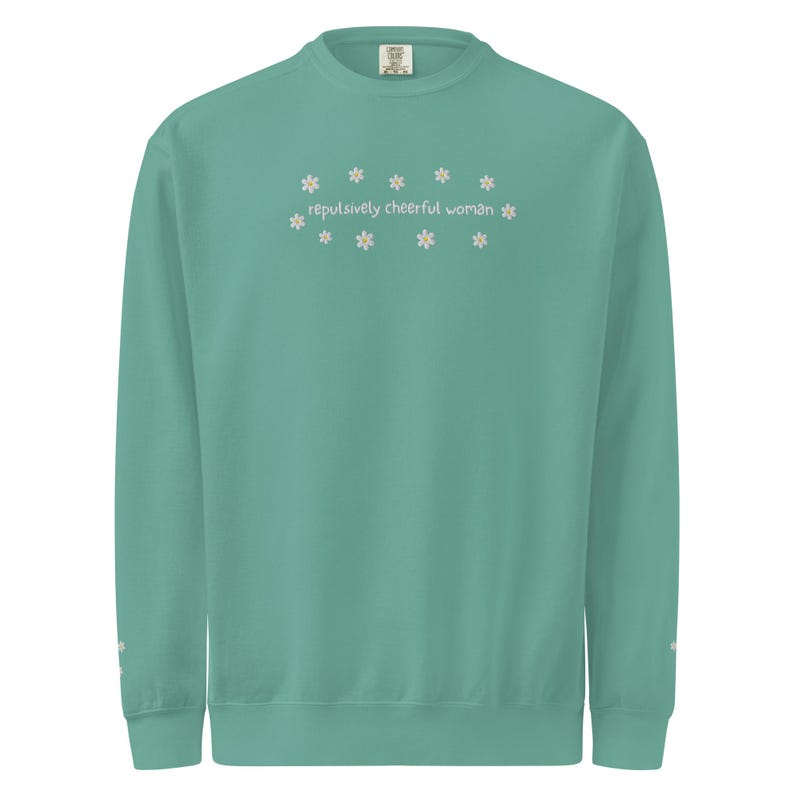 May include: A teal sweatshirt with the phrase "repulsively cheerful woman" embroidered in white, surrounded by small daisy-like flowers. The long-sleeved top has a crew neck and ribbed cuffs.