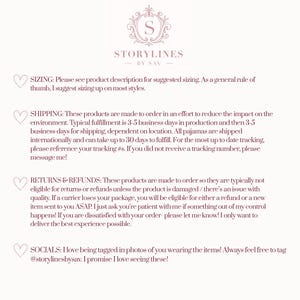 May include: A cream-colored graphic with the text "STORYLINES BY SAV" at the top, followed by information about sizing, shipping, returns, and social media. The text is in a simple, readable font.