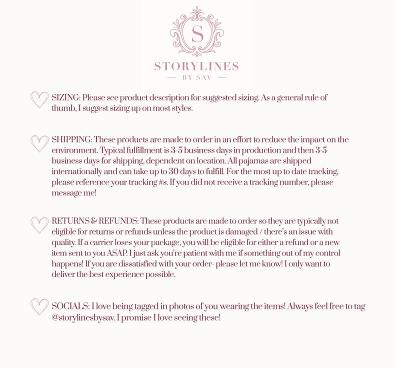 May include: A cream-colored graphic with the text "STORYLINES BY SAV" at the top, followed by information about sizing, shipping, returns, and social media. The text is in a simple, readable font.
