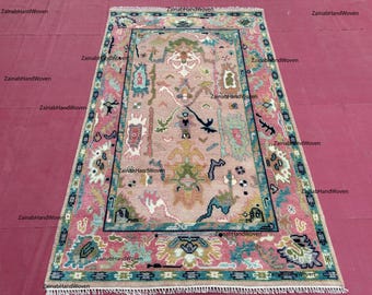 Hand Knotted Wool Rug, Pink Floral Botanical Design, Multicolor Folk Art Living Room Decor