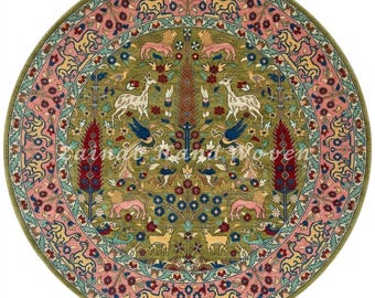 Oushak Style Round Rug, Hand Knotted Wool, Olive Green Floral & Animal Motif