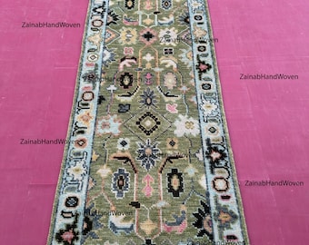 Olivgrön löparmatta | Handknuten hallmatta i Oushak-stil | 2,6x8 3x10 |