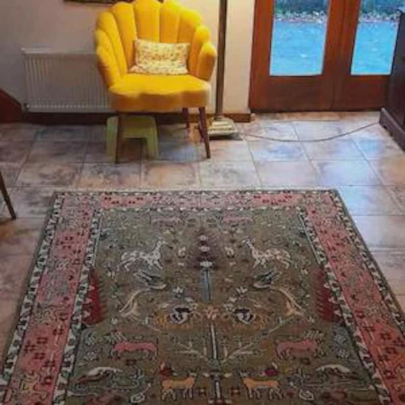 8x10 Area Rug, Hand Knotted Wool Oushak Style, Olive Green & Peach Animal Design image 3
