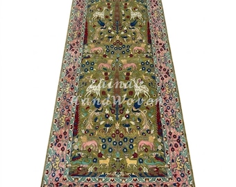 Olive Green Runner Rug | Hand Knotted Wool | Floral Animal & Bird Motif | 2x6 Runner