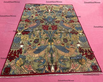 Oushak Style Wool Rug | Olive Green Bird Floral Hand Knotted Area Rug | 8x10 ,9x12 |