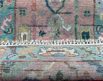 Handknotted Wool Oushak Runner: Pink, Teal, and Ivory Turkish Rug