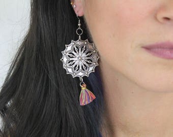 Mandala Tassel Earrings - Boho Flower Earrings Mandala Hypoallergenic Silver