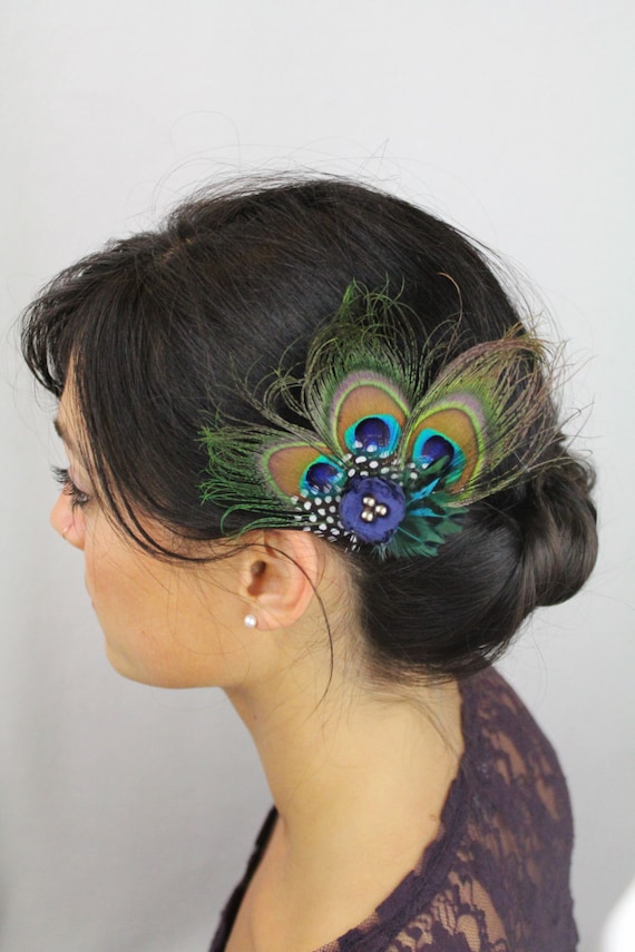 Peacock Hair Accessories Peacock Feather Clip Navy Boho Etsy