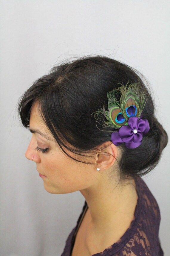 Deep Purple Flower Peacock Feathers Hair Clip Double Peacock Feather Hair Bow With Plum Flowers Custom Colors Available