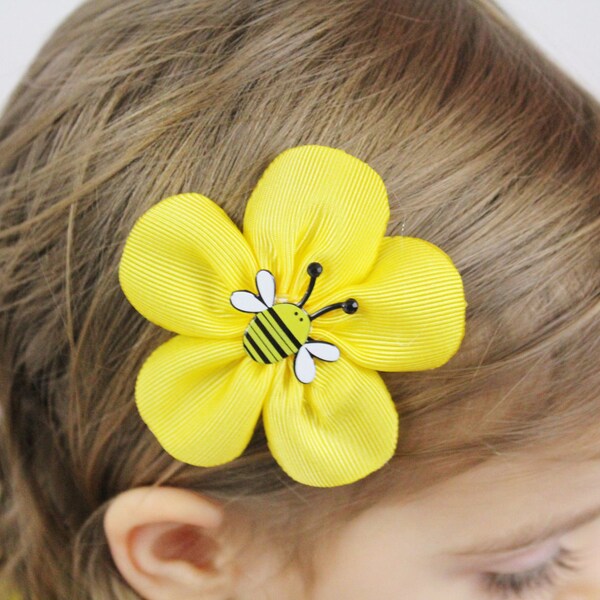 Yellow Bumble Bee Flower Hair Clip - Yellow Flower Hair Bow with Bee - Bumblebee Flower Bow