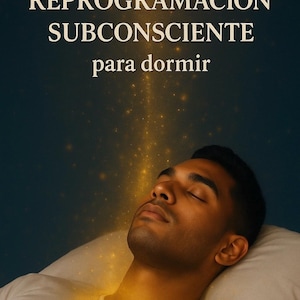 Puede incluir: Imagen de un hombre con los ojos cerrados, descansando sobre una almohada, con texto en español: "HIPNOSIS MEDITATIVA de REPROGRAMACIÓN SUBCONSCIENTE para dormir." El fondo es azul oscuro con luz dorada.