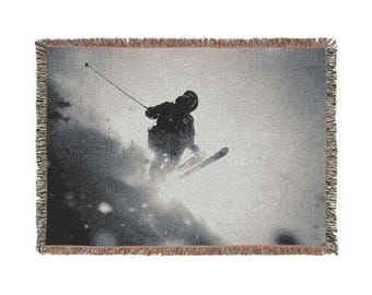 Ski Blanket, Winter Snow Sports Throw, Mountain Slopes Bedding, Snowboarder Gift