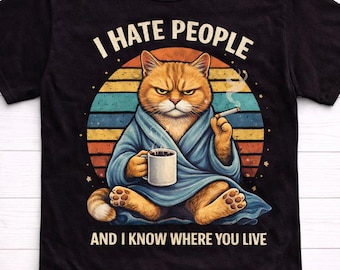 Ik haat mensen-shirt | Grappig sarcastisch katten-T-shirt | Grafisch T-shirt Grumpy Cat | Introverte humor top | Uniseks cadeau