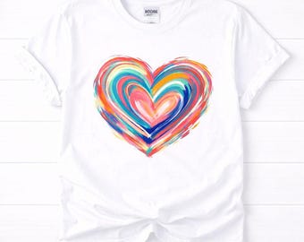 Kleurrijk abstract hartshirt | Artistiek Love T-shirt met print voor dames en heren | Geschilderd T-shirt met regenbooghart