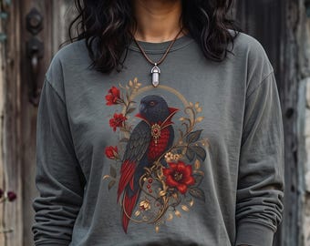 Dracula-Papagei-Langarmshirt | Halloween-T-Shirt 2026 – Komfortfarben