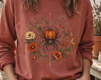 Langarmshirt mit Kürbis- und Spinnenmotiv | Halloween-T-Shirt 2026 – Komfortfarben