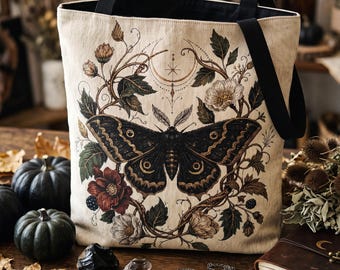 Schwarze Hexenmotte, gewebte Tragetasche (43 x 46 cm) | Halloween-Einkaufstasche 2026