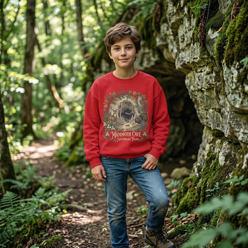 Mammoth Cave National Park Kids Crewneck | Cave Bat & Barred Owl Youth Sweatshirt Red