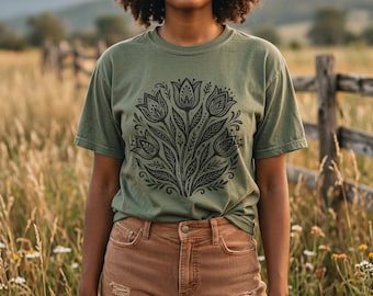 Woodcut Tulip Shirt | Linocut Folk Art Tulip Boho Botanical Comfort Colors Tee