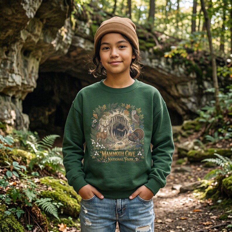 Mammoth Cave National Park Kids Crewneck | Cave Bat & Barred Owl Youth Sweatshirt Forest Green