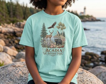 Acadia National Park Kids Shirt | Bald Eagle Bear Deer Maine Coast Comfort Colors Tee