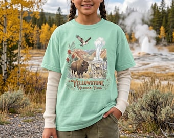 Camiseta infantil del Parque Nacional de Yellowstone / Camiseta juvenil Comfort Colors con bisontes y lobos