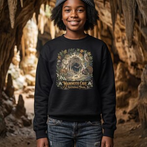 Mammoth Cave National Park Kids Crewneck | Cave Bat & Barred Owl Youth Sweatshirt Black