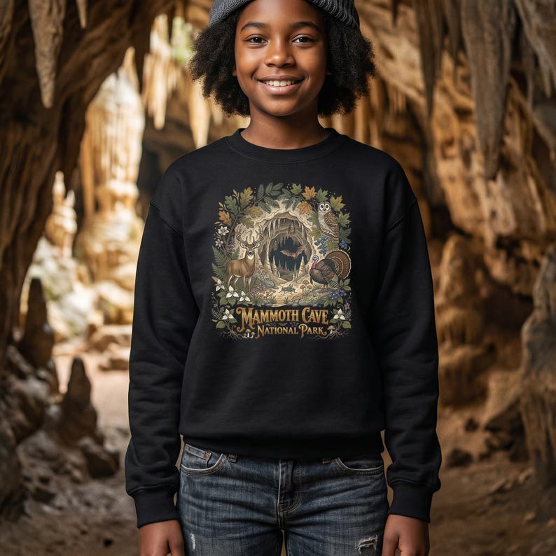 Mammoth Cave National Park Kids Crewneck | Cave Bat & Barred Owl Youth Sweatshirt Black