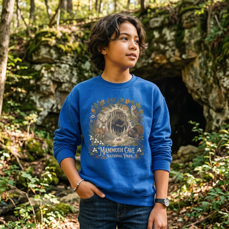 Mammoth Cave National Park Kids Crewneck | Cave Bat & Barred Owl Youth Sweatshirt Royal