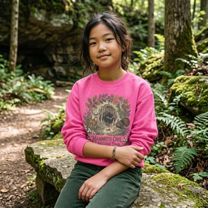 Mammoth Cave National Park Kids Crewneck | Cave Bat & Barred Owl Youth Sweatshirt Safety Pink