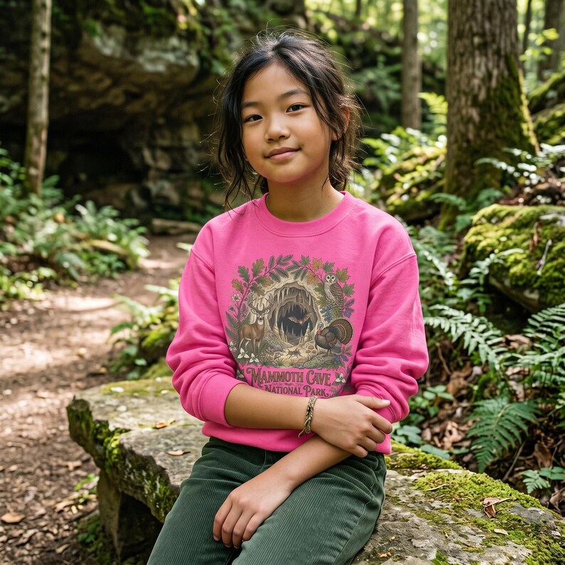 Mammoth Cave National Park Kids Crewneck | Cave Bat & Barred Owl Youth Sweatshirt Safety Pink