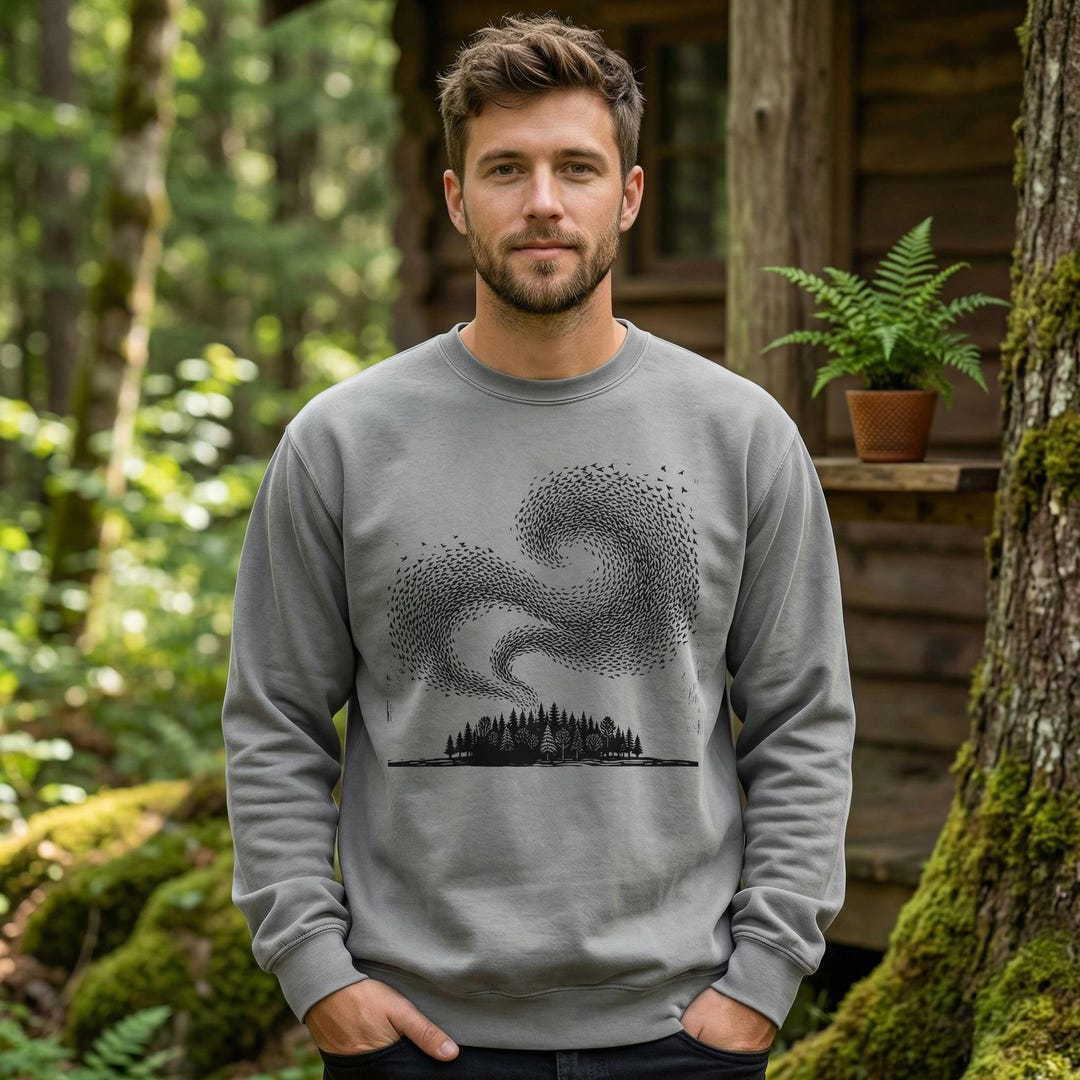 Murmuration Graphics Murmuration Starling Shirt | Linocut Bird Flock | Dark Nature Woodblock ...
