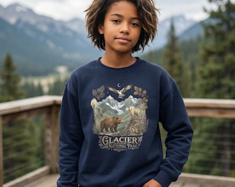 Sudadera infantil de cuello redondo del Parque Nacional Glaciar / Sudadera juvenil de colores cómodos con estampado de fauna de Montana