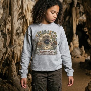 Mammoth Cave National Park Kids Crewneck | Cave Bat & Barred Owl Youth Sweatshirt Sport Grey